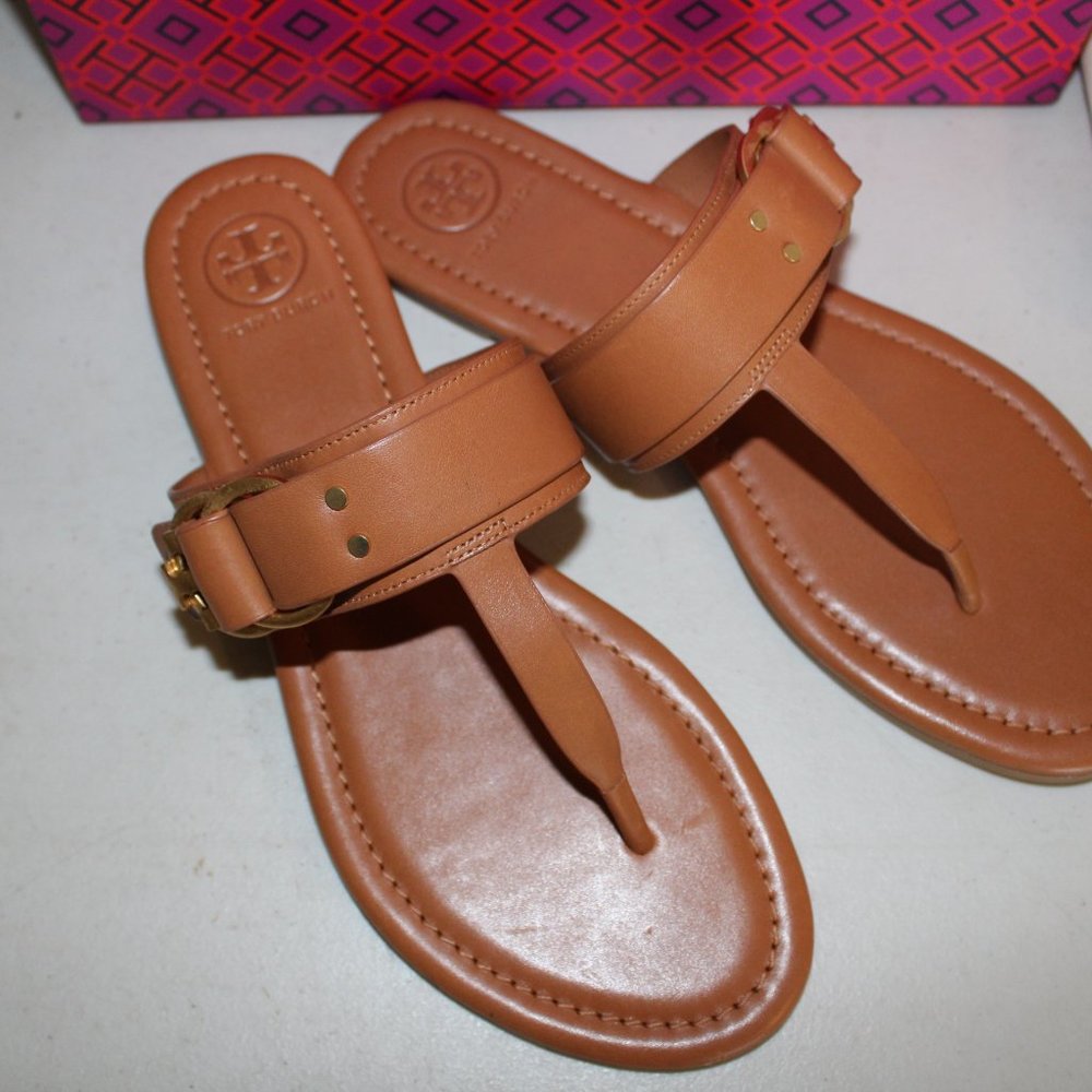 TORY BURCH MARSDEN FLAT THONG SANDALS TAN LEATHER - Picture 6 of 9